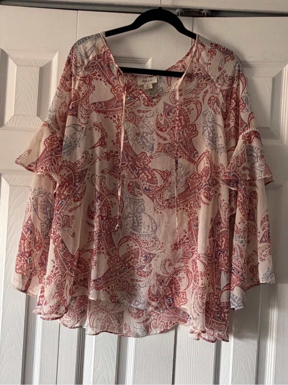 Style & Co. Cream Paisley Tie-Front Ruffle Sleeve Blouse